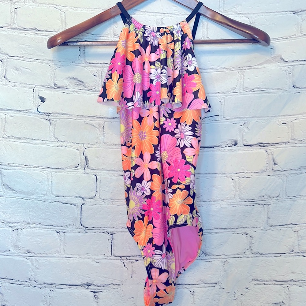 Wonder Nation Black Pink Floral Swimsuit Girl’s Size Large 10-12